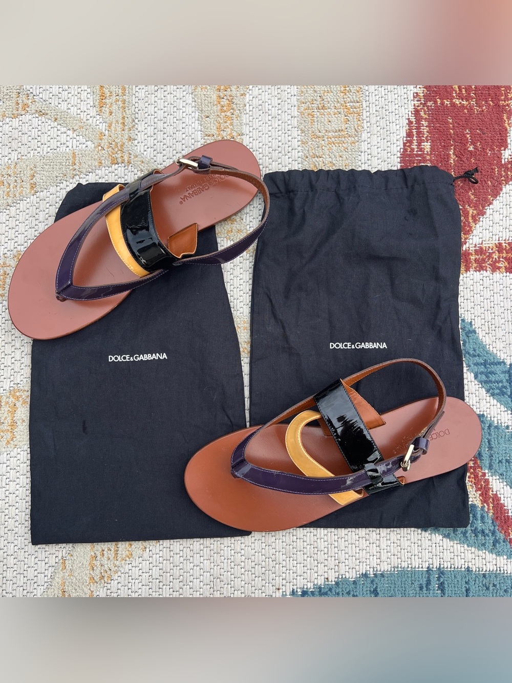 Dolce & Gabbana Purple Black Tan Patent Leather Thong Sandals with Buckle - Picture 5 of 8
